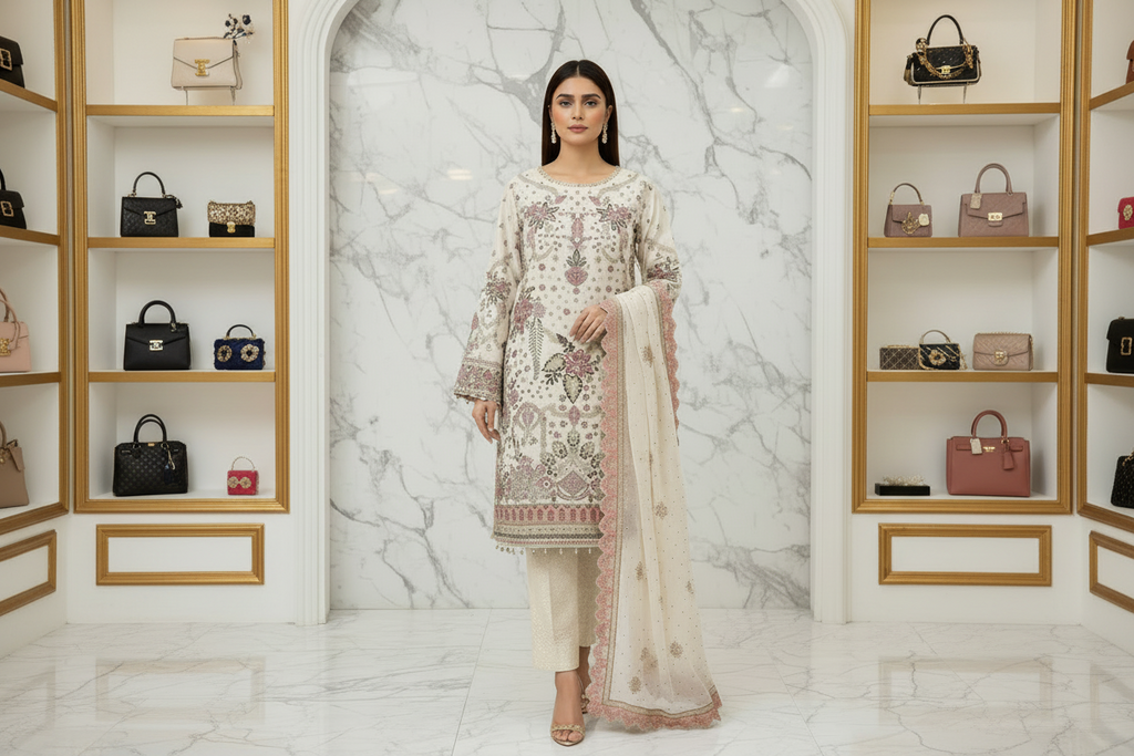 The Complete Eight: Luxury Embroidered Chiffon Suit with Self Jacquard Trousers – 8 Colourways