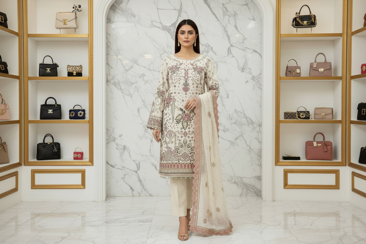 The Complete Eight: Luxury Embroidered Chiffon Suit with Self Jacquard Trousers – 8 Colourways