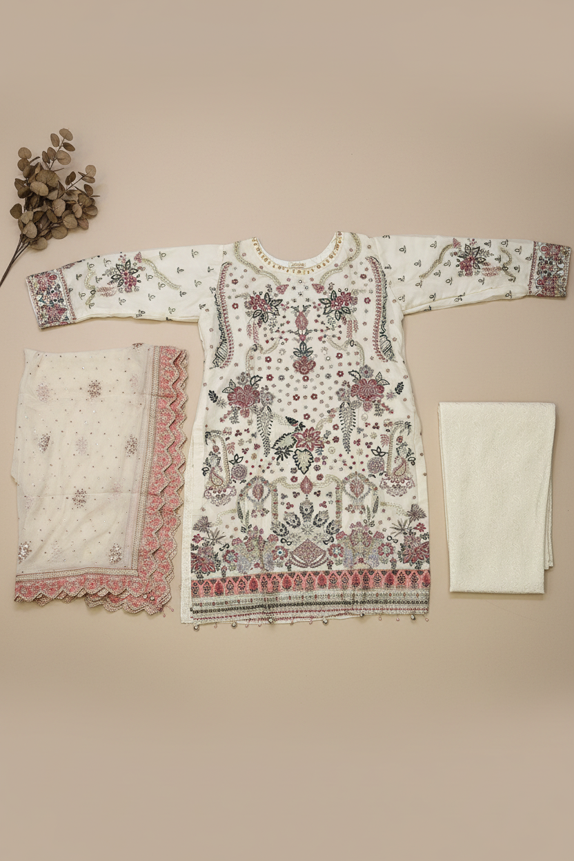 The Complete Eight: Luxury Embroidered Chiffon Suit with Self Jacquard Trousers – 8 Colourways