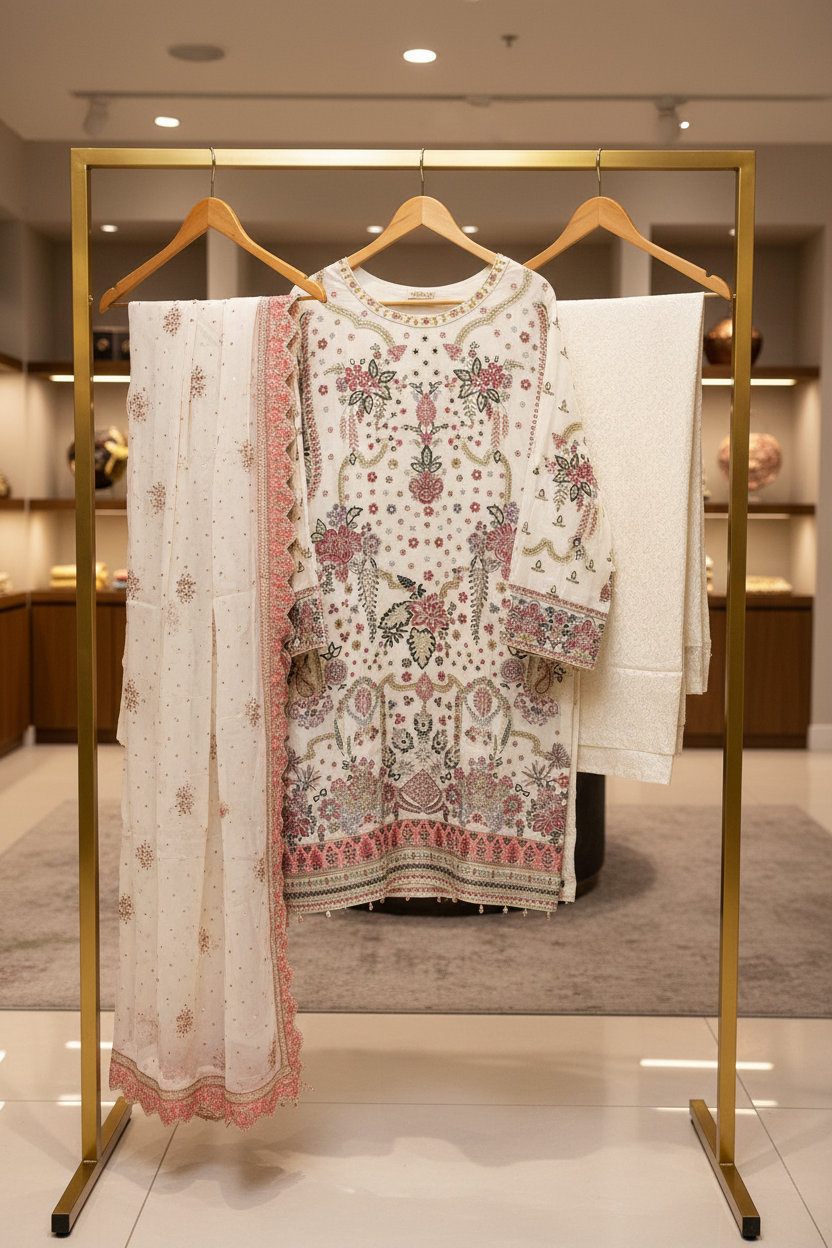 The Complete Eight: Luxury Embroidered Chiffon Suit with Self Jacquard Trousers – 8 Colourways