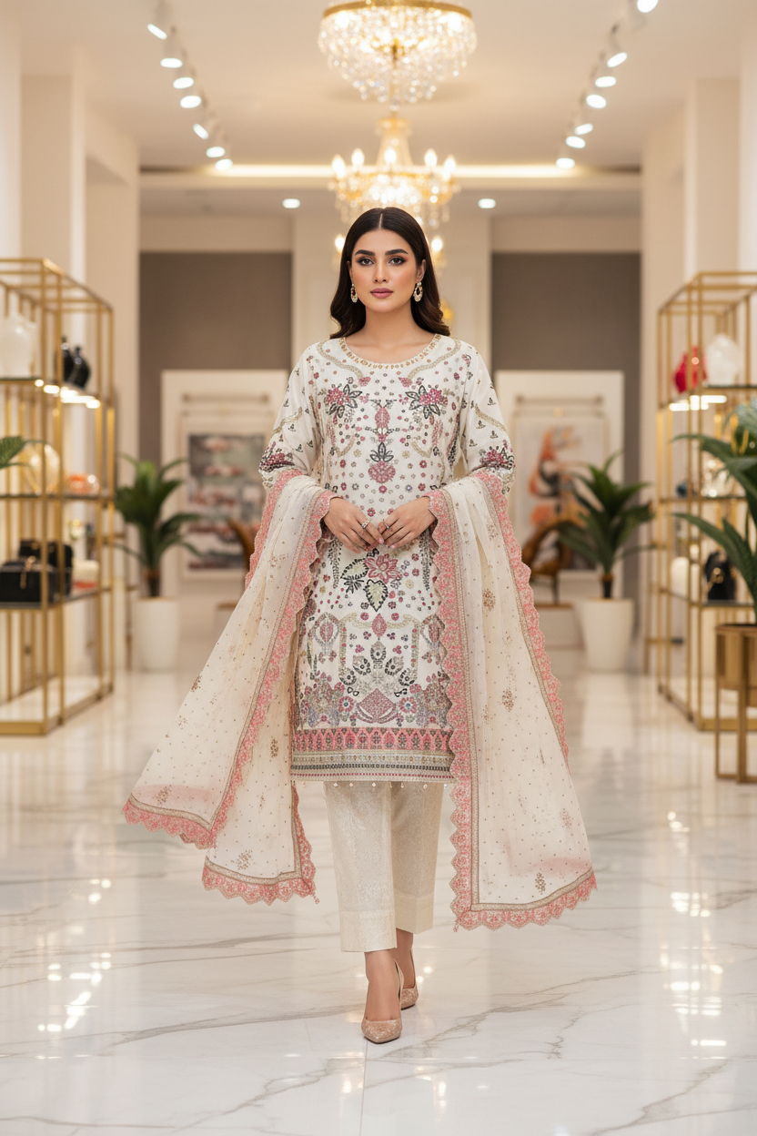 The Complete Eight: Luxury Embroidered Chiffon Suit with Self Jacquard Trousers – 8 Colourways