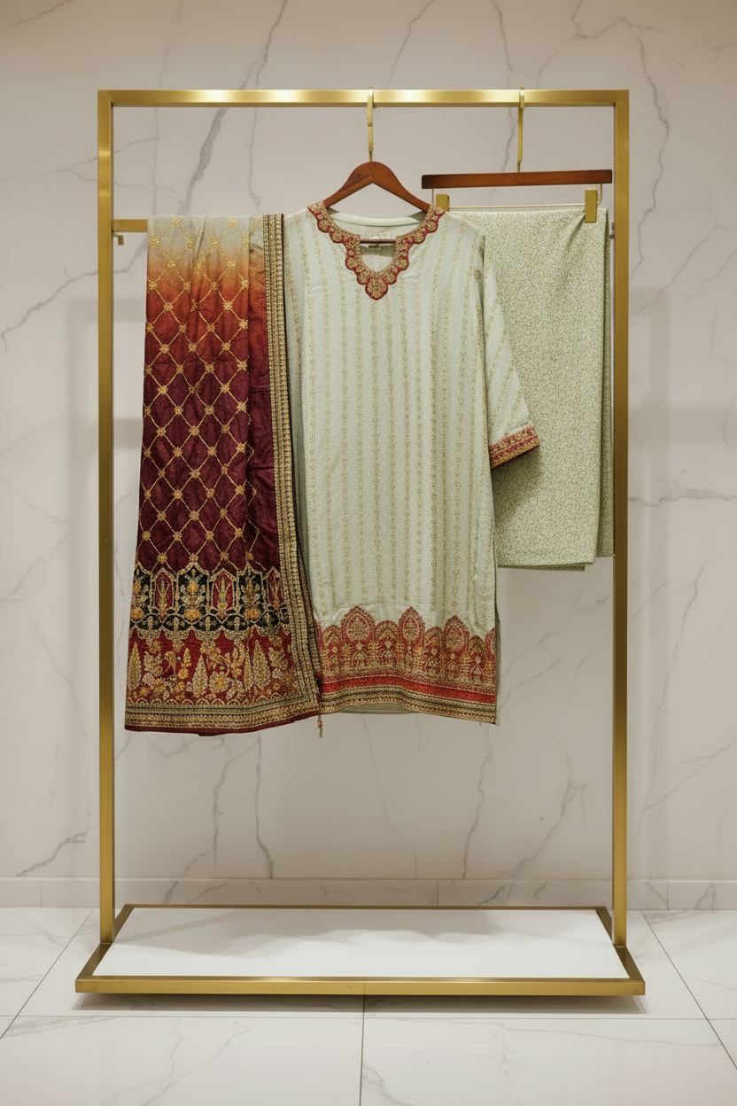 The Complete Eight: Luxury Embroidered Chiffon Suit with Self Jacquard Trousers – 8 Colourways