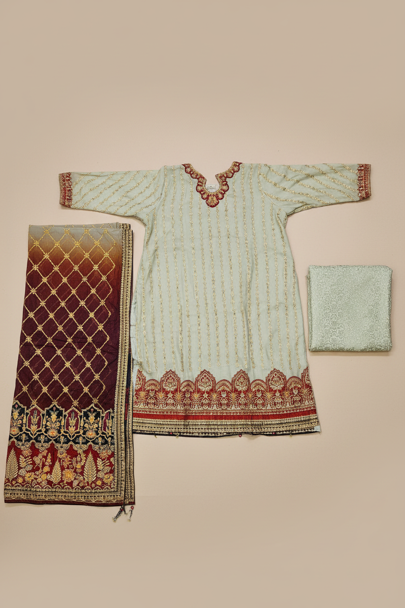 The Complete Eight: Luxury Embroidered Chiffon Suit with Self Jacquard Trousers – 8 Colourways