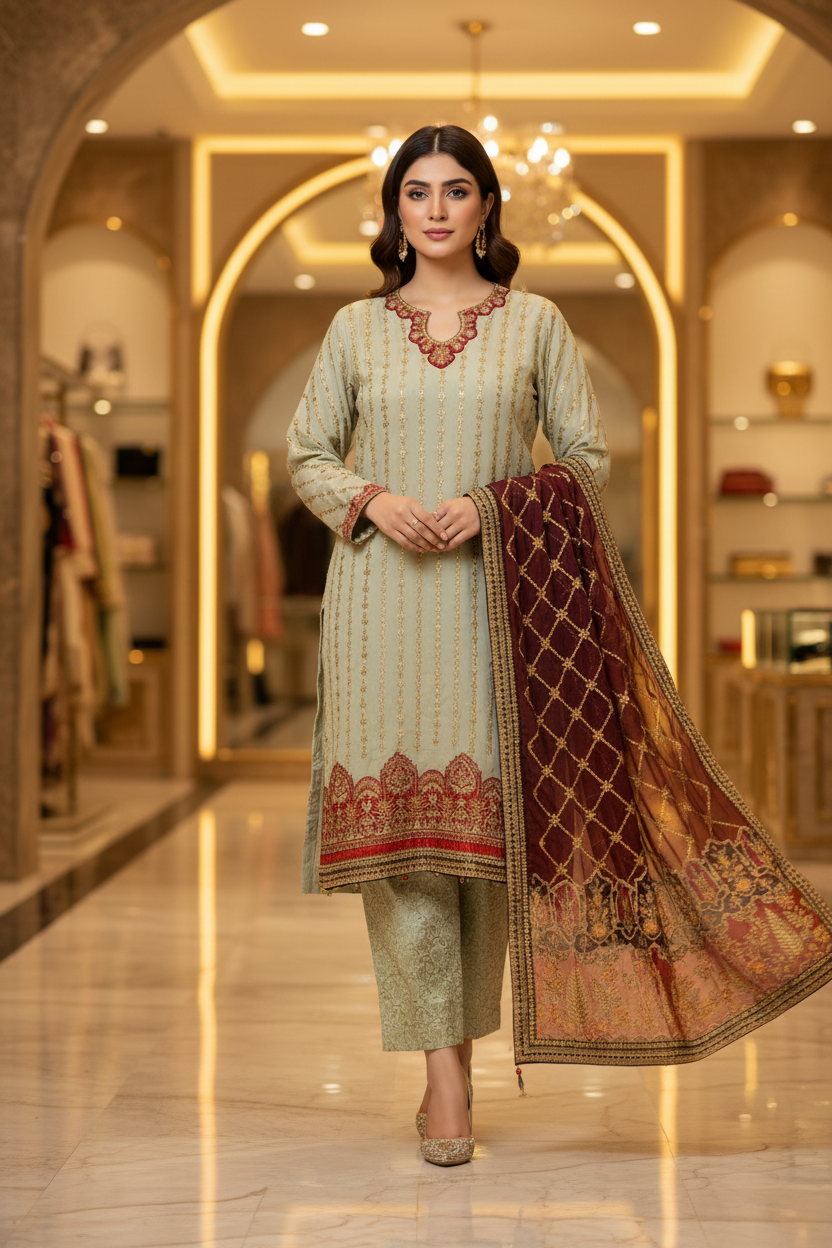 The Complete Eight: Luxury Embroidered Chiffon Suit with Self Jacquard Trousers – 8 Colourways