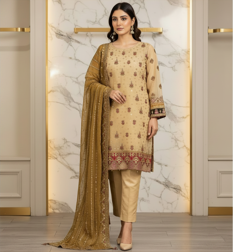 The Complete Eight: Luxury Embroidered Chiffon Suit with Self Jacquard Trousers – 8 Colourways
