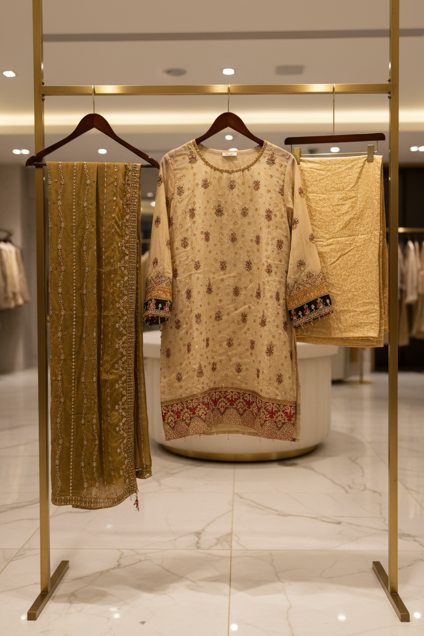 The Complete Eight: Luxury Embroidered Chiffon Suit with Self Jacquard Trousers – 8 Colourways