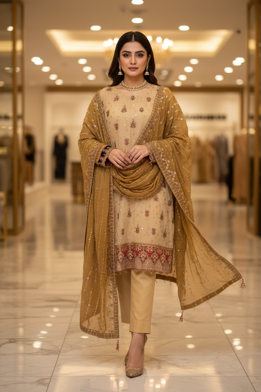 The Complete Eight: Luxury Embroidered Chiffon Suit with Self Jacquard Trousers – 8 Colourways