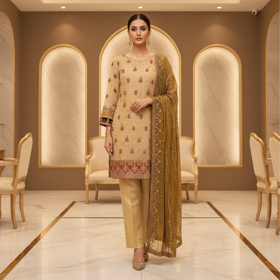 The Complete Eight: Luxury Embroidered Chiffon Suit with Self Jacquard Trousers – 8 Colourways