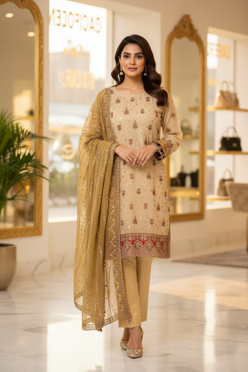 The Complete Eight: Luxury Embroidered Chiffon Suit with Self Jacquard Trousers – 8 Colourways