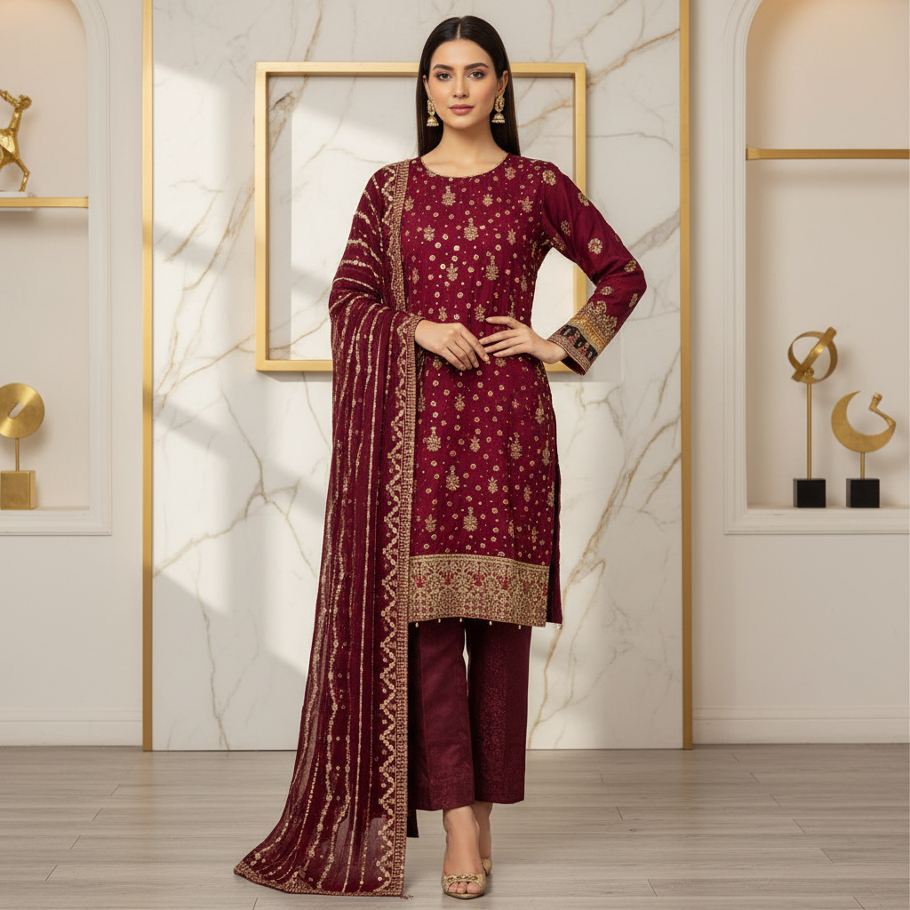 The Complete Eight: Luxury Embroidered Chiffon Suit with Self Jacquard Trousers – 8 Colourways