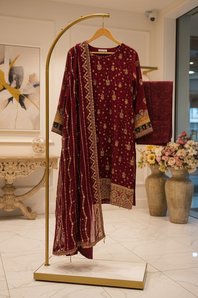 The Complete Eight: Luxury Embroidered Chiffon Suit with Self Jacquard Trousers – 8 Colourways
