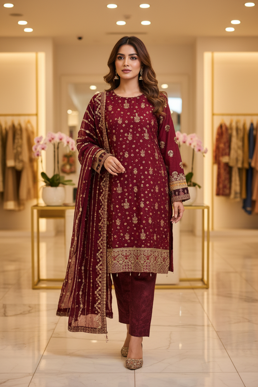 The Complete Eight: Luxury Embroidered Chiffon Suit with Self Jacquard Trousers – 8 Colourways