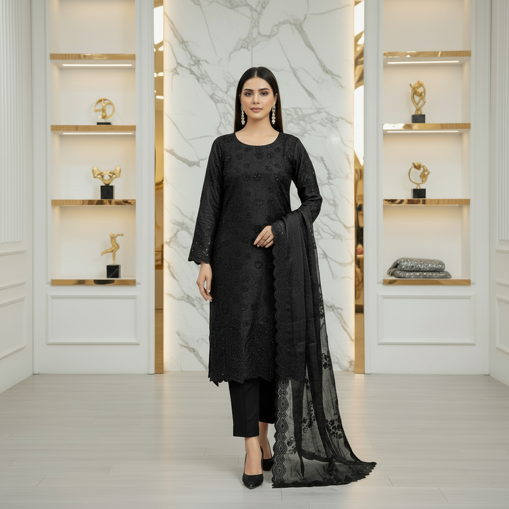 Ethereal Beads and Pearl Shalwar Kameez | Shimmer Silk with Cutwork Details in Egyptian Teal, Black and Pink Lemonade