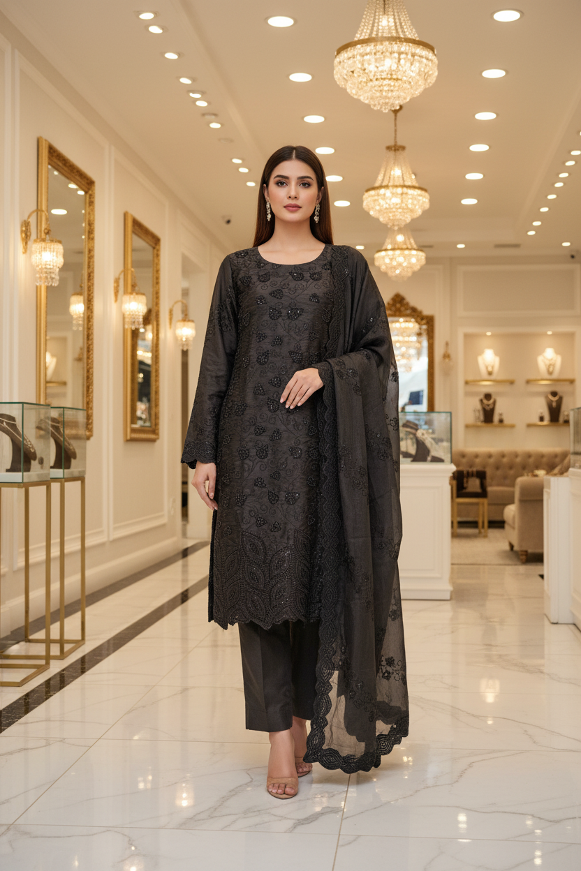 Ethereal Beads and Pearl Shalwar Kameez | Shimmer Silk with Cutwork Details in Egyptian Teal, Black and Pink Lemonade