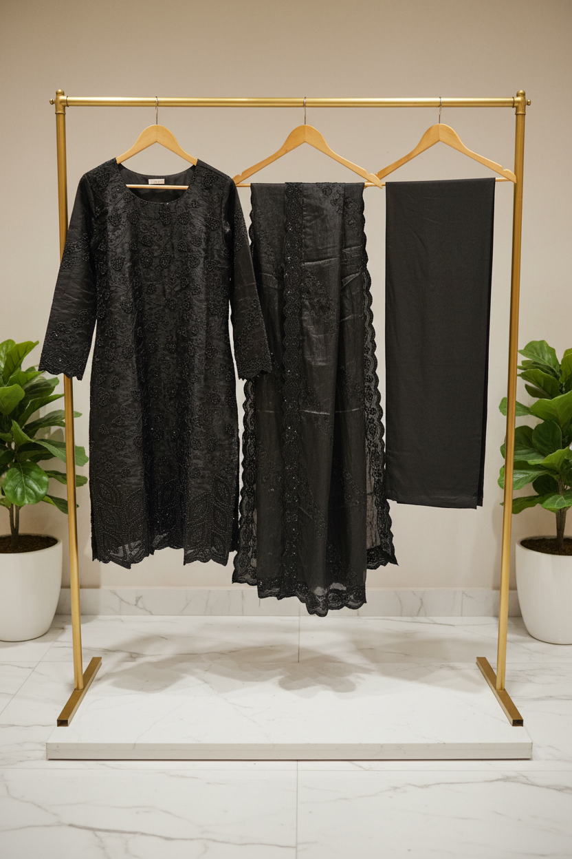 Ethereal Beads and Pearl Shalwar Kameez | Shimmer Silk with Cutwork Details in Egyptian Teal, Black and Pink Lemonade