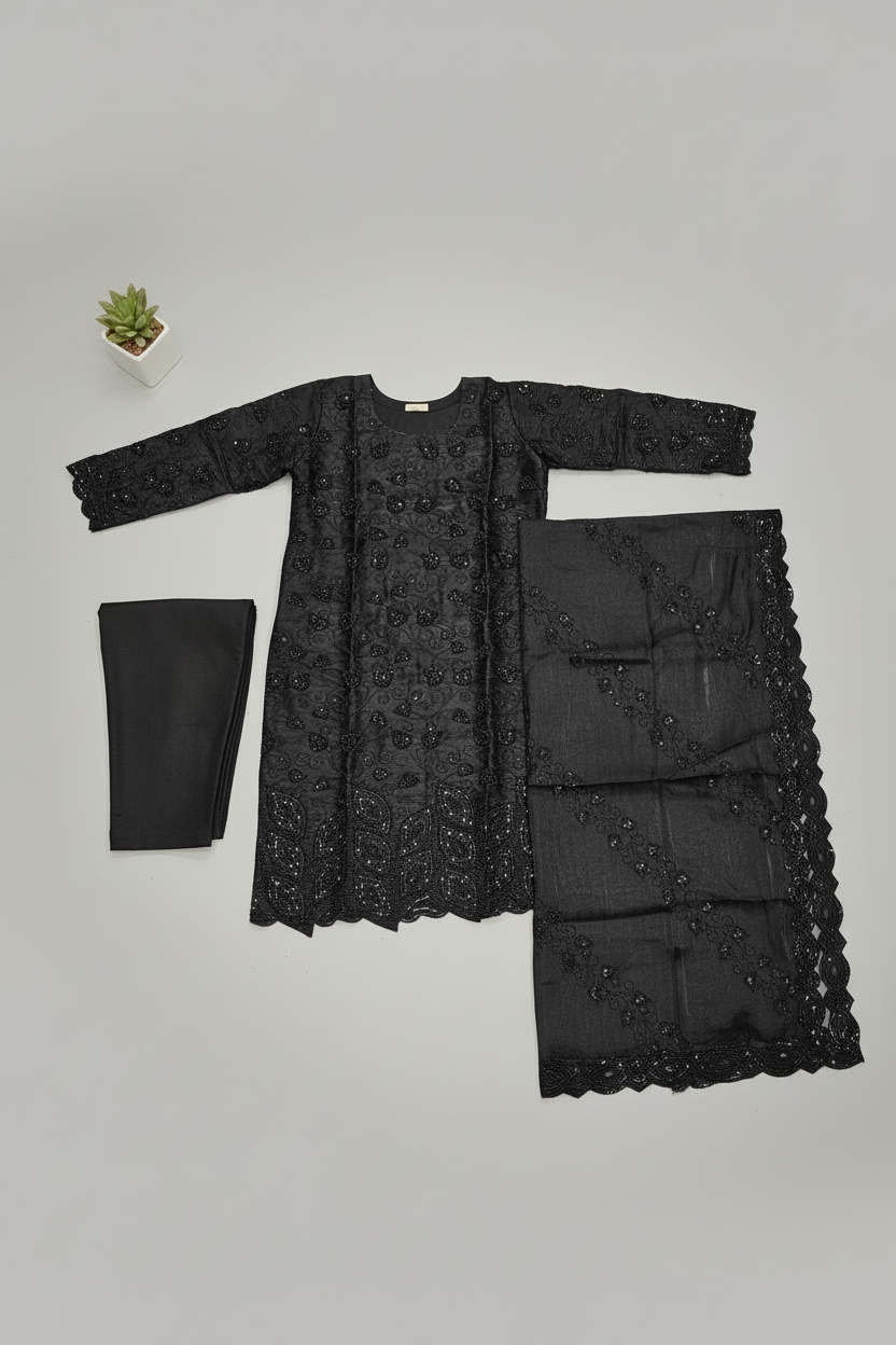 Ethereal Beads and Pearl Shalwar Kameez | Shimmer Silk with Cutwork Details in Egyptian Teal, Black and Pink Lemonade