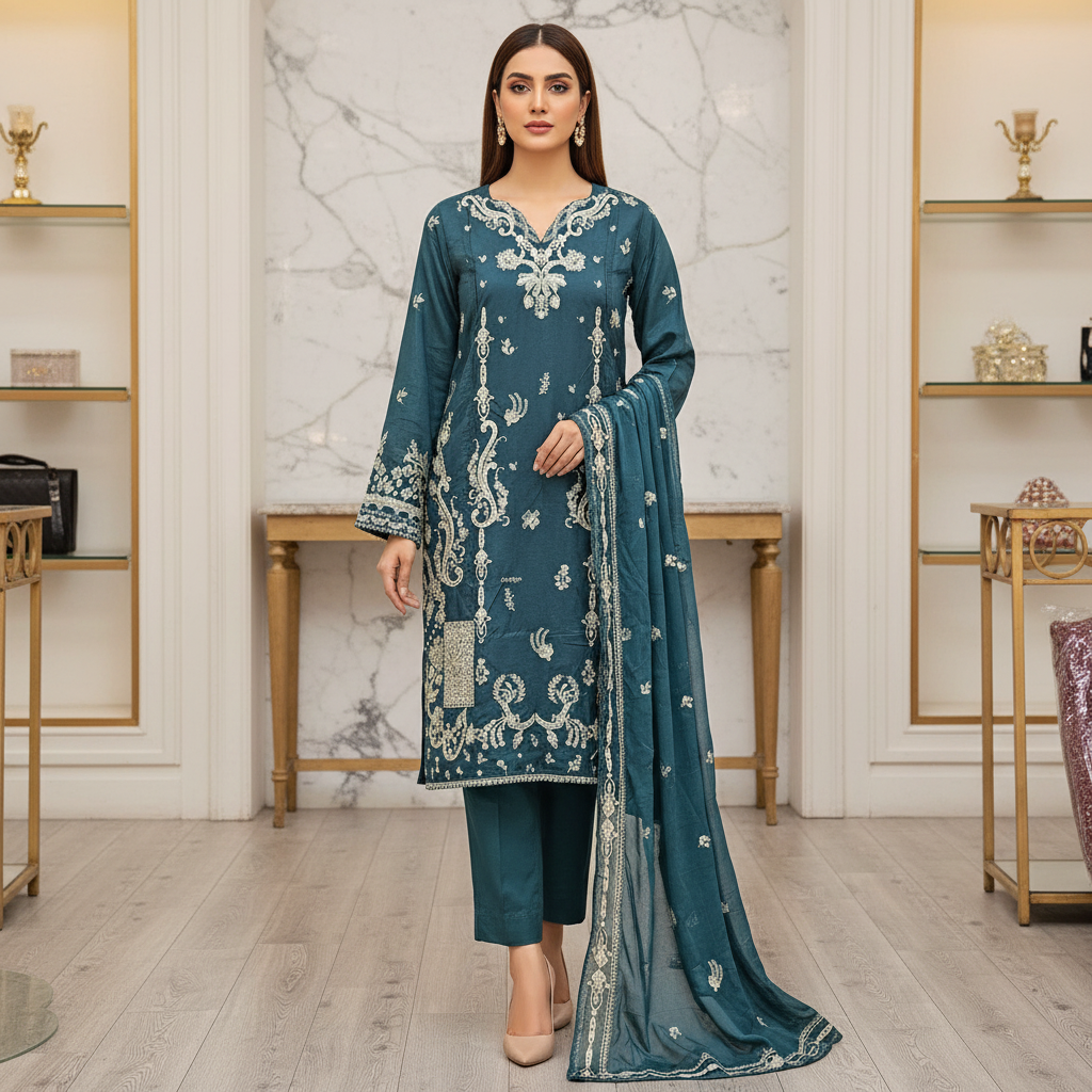 The QMR Fully Embroidered Luxe | Soft Linen Suit with Borders and All-Over Details on Kameez and Dupatta | 3 Colorways