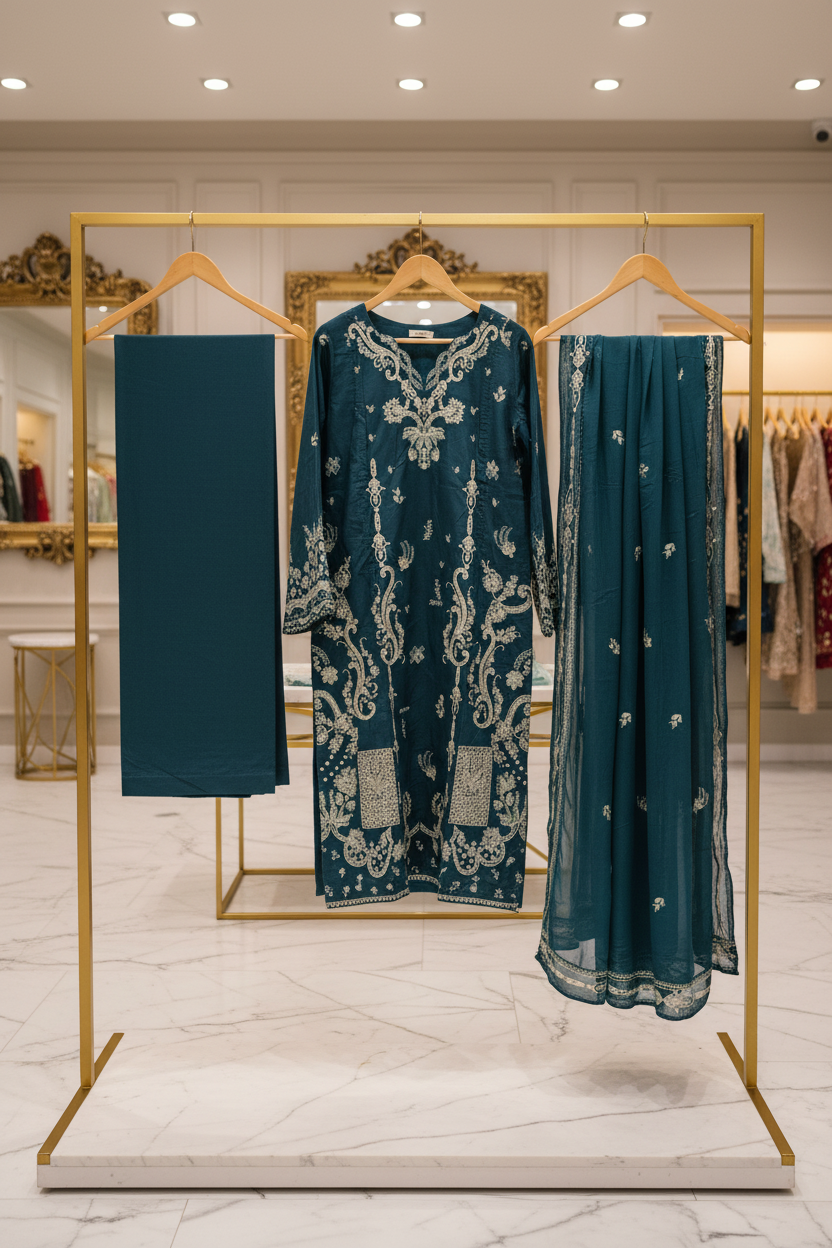 The QMR Fully Embroidered Luxe | Soft Linen Suit with Borders and All-Over Details on Kameez and Dupatta | 3 Colorways