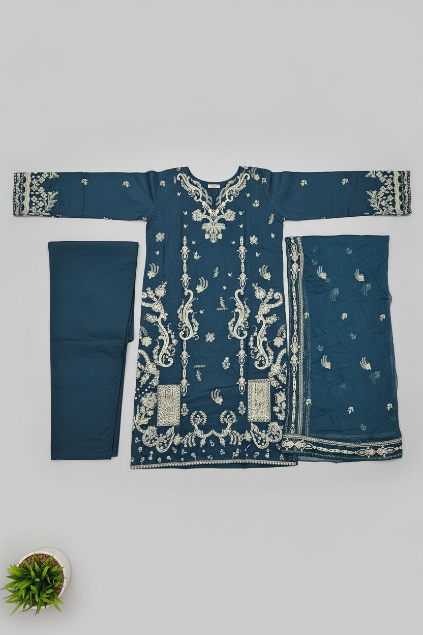 The QMR Fully Embroidered Luxe | Soft Linen Suit with Borders and All-Over Details on Kameez and Dupatta | 3 Colorways