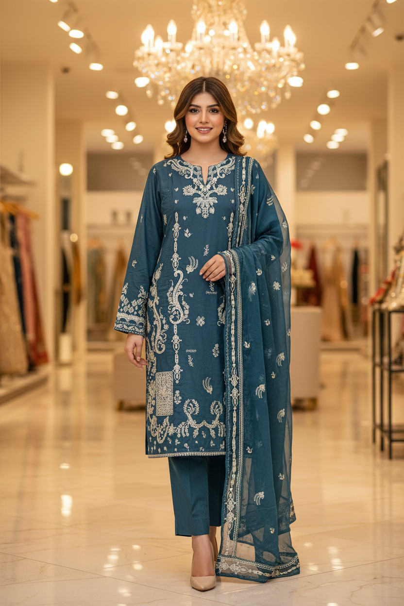 The QMR Fully Embroidered Luxe | Soft Linen Suit with Borders and All-Over Details on Kameez and Dupatta | 3 Colorways