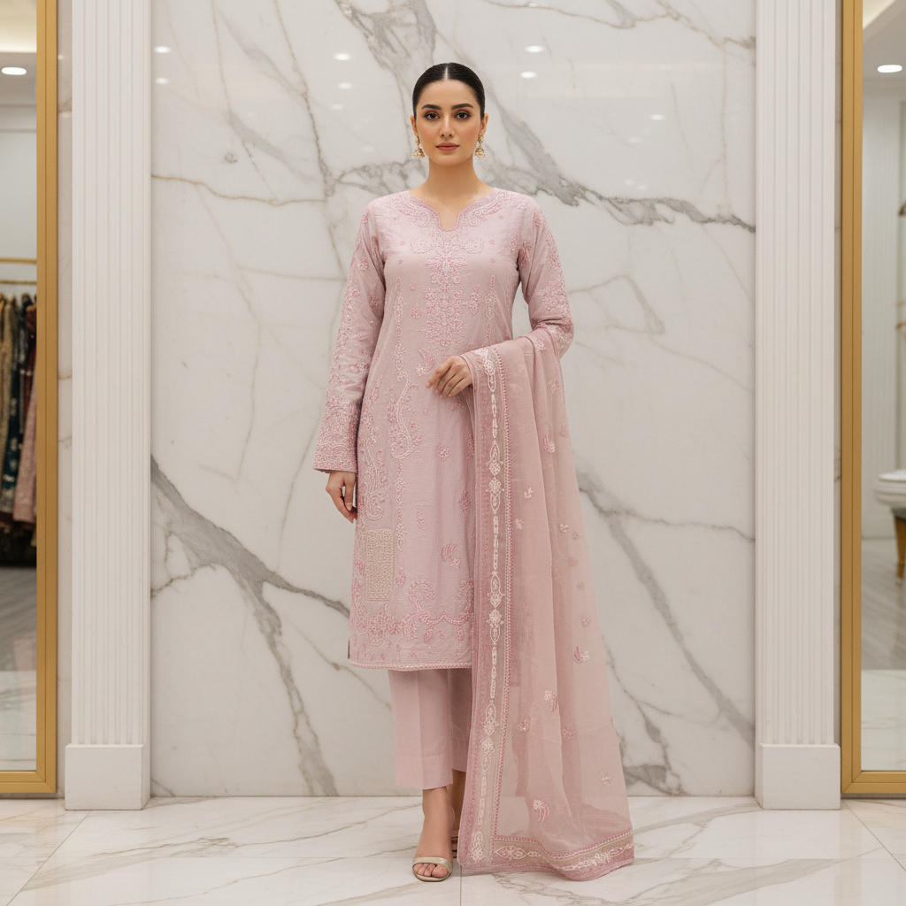 The QMR Fully Embroidered Luxe | Soft Linen Suit with Borders and All-Over Details on Kameez and Dupatta | 3 Colorways