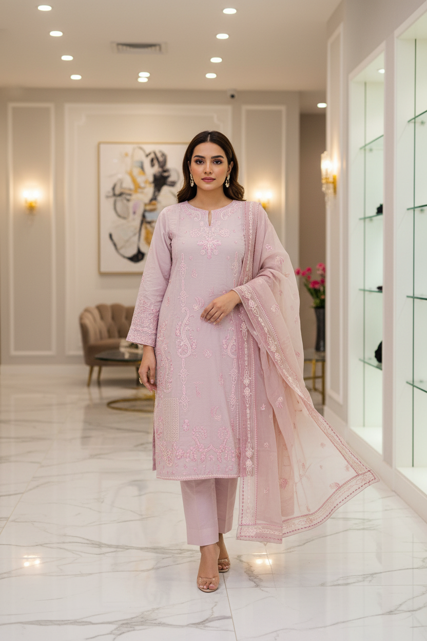 The QMR Fully Embroidered Luxe | Soft Linen Suit with Borders and All-Over Details on Kameez and Dupatta | 3 Colorways
