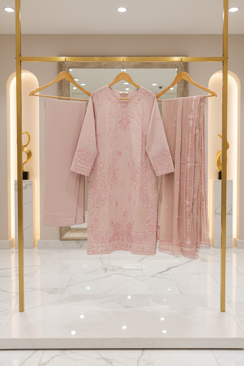 The QMR Fully Embroidered Luxe | Soft Linen Suit with Borders and All-Over Details on Kameez and Dupatta | 3 Colorways