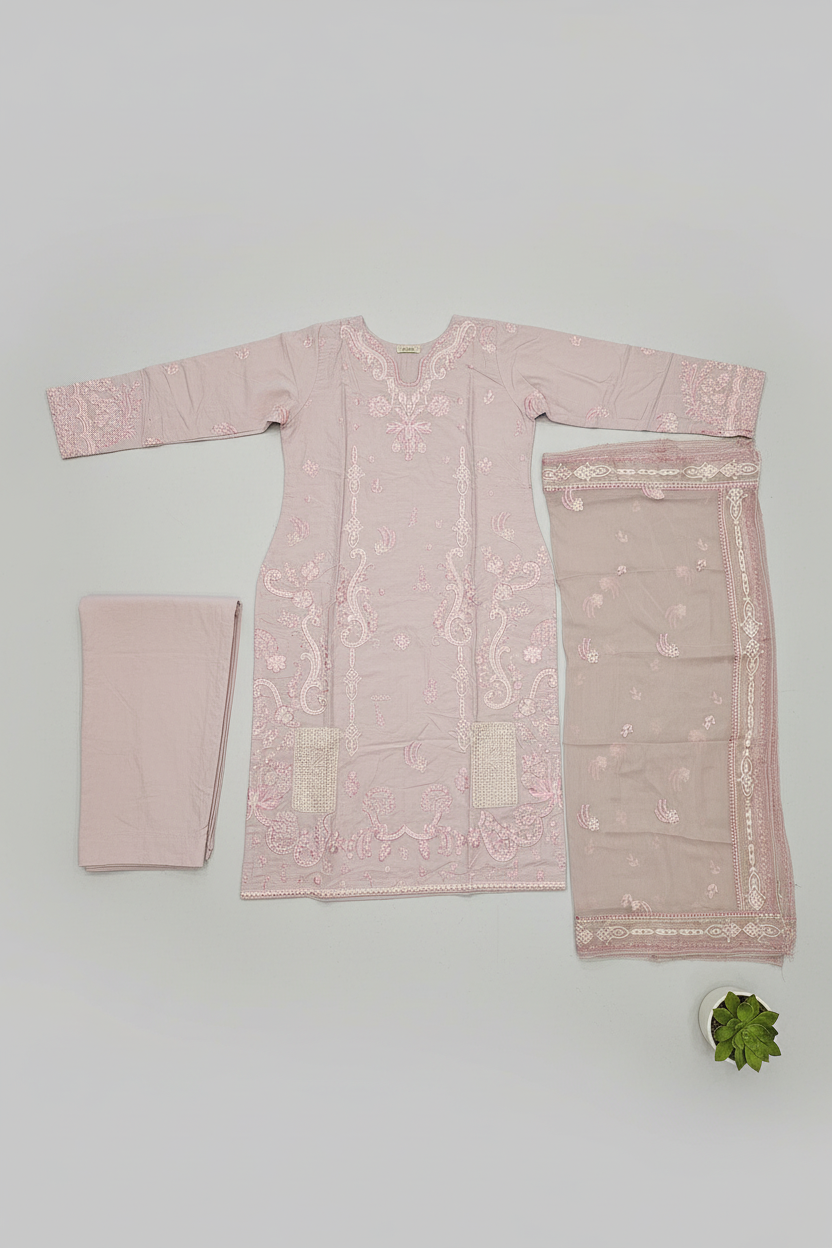 The QMR Fully Embroidered Luxe | Soft Linen Suit with Borders and All-Over Details on Kameez and Dupatta | 3 Colorways