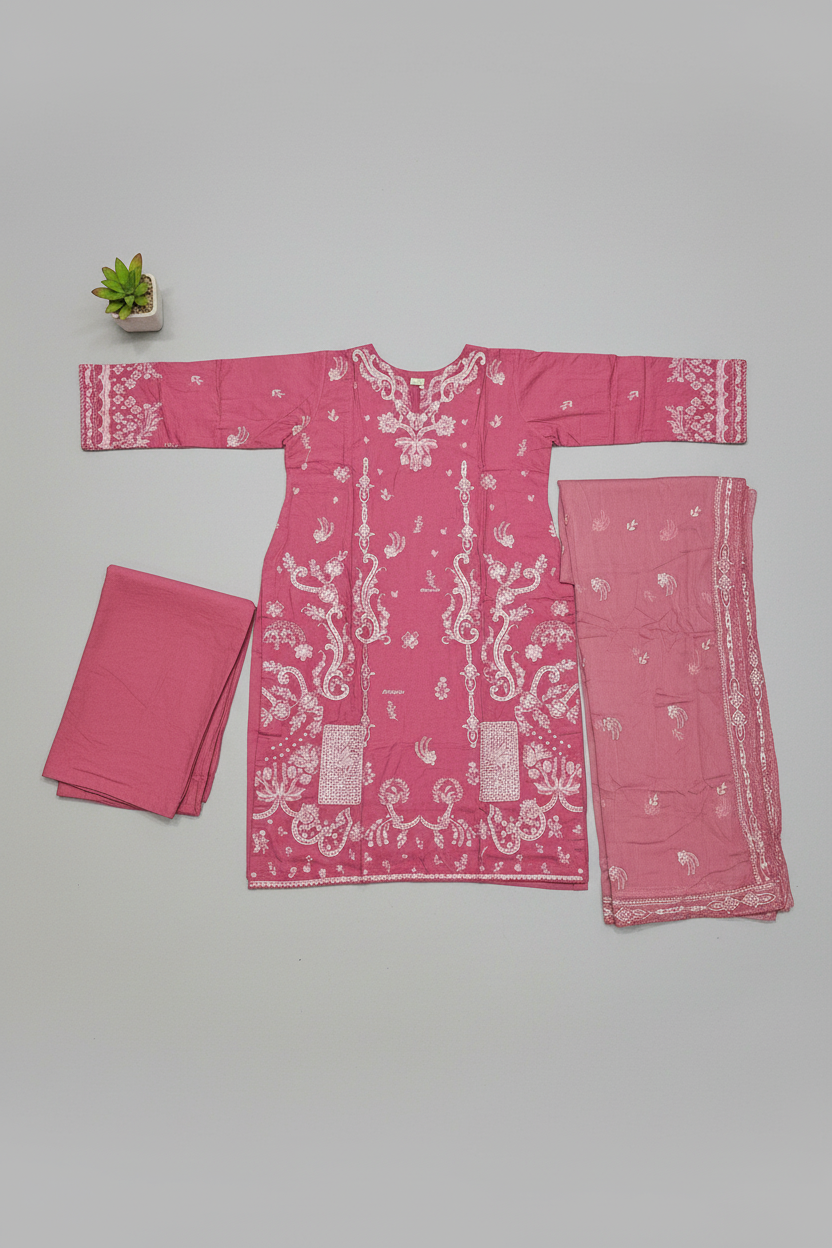 The QMR Fully Embroidered Luxe | Soft Linen Suit with Borders and All-Over Details on Kameez and Dupatta | 3 Colorways