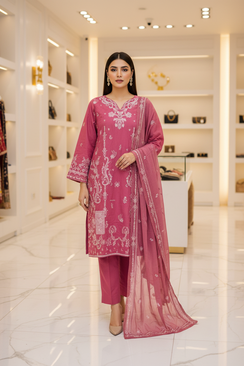 The QMR Fully Embroidered Luxe | Soft Linen Suit with Borders and All-Over Details on Kameez and Dupatta | 3 Colorways