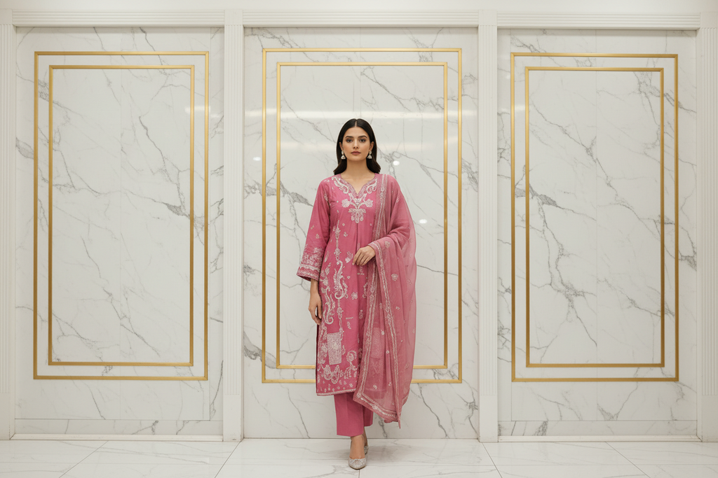 The QMR Fully Embroidered Luxe | Soft Linen Suit with Borders and All-Over Details on Kameez and Dupatta | 3 Colorways