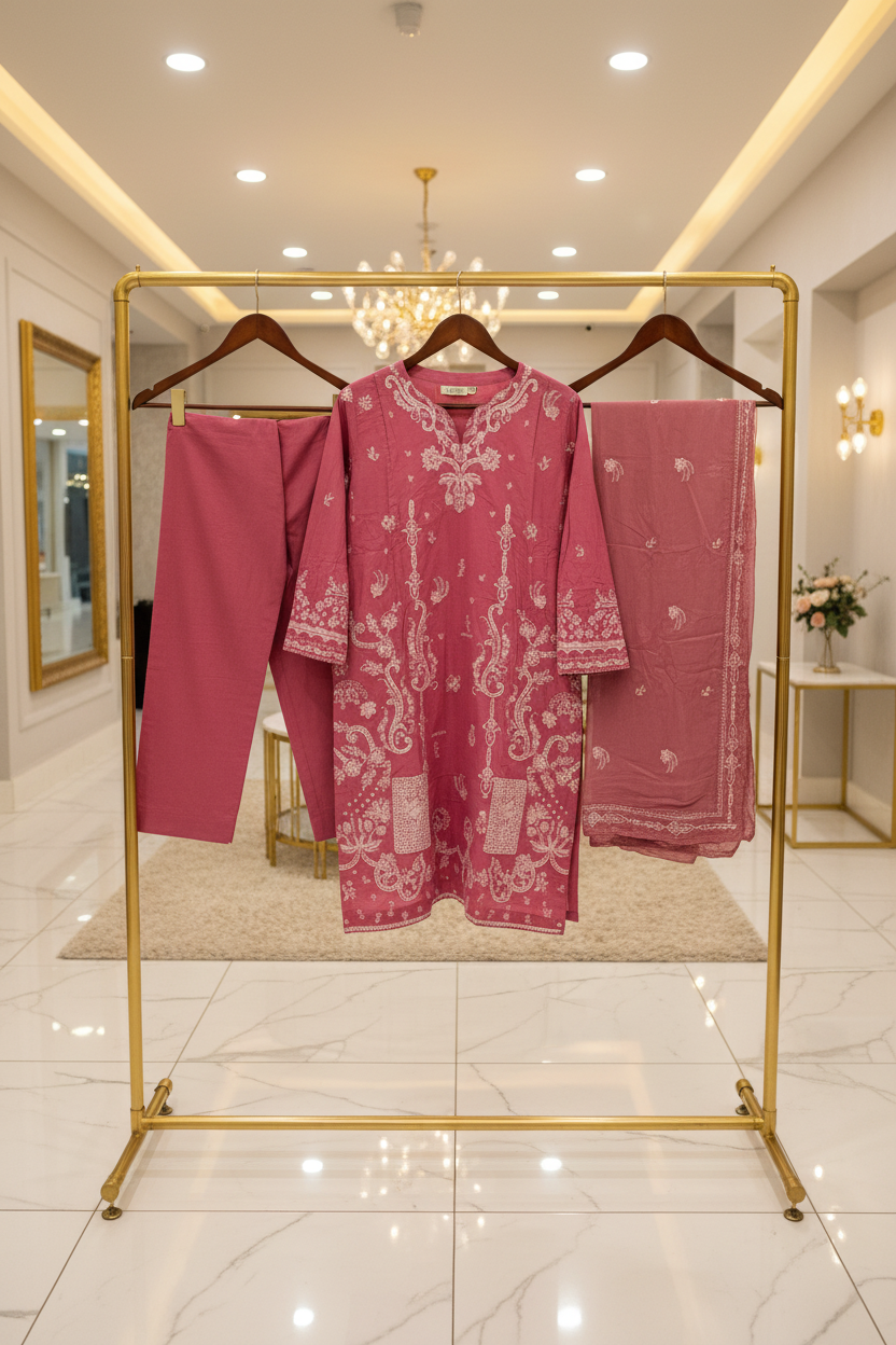 The QMR Fully Embroidered Luxe | Soft Linen Suit with Borders and All-Over Details on Kameez and Dupatta | 3 Colorways