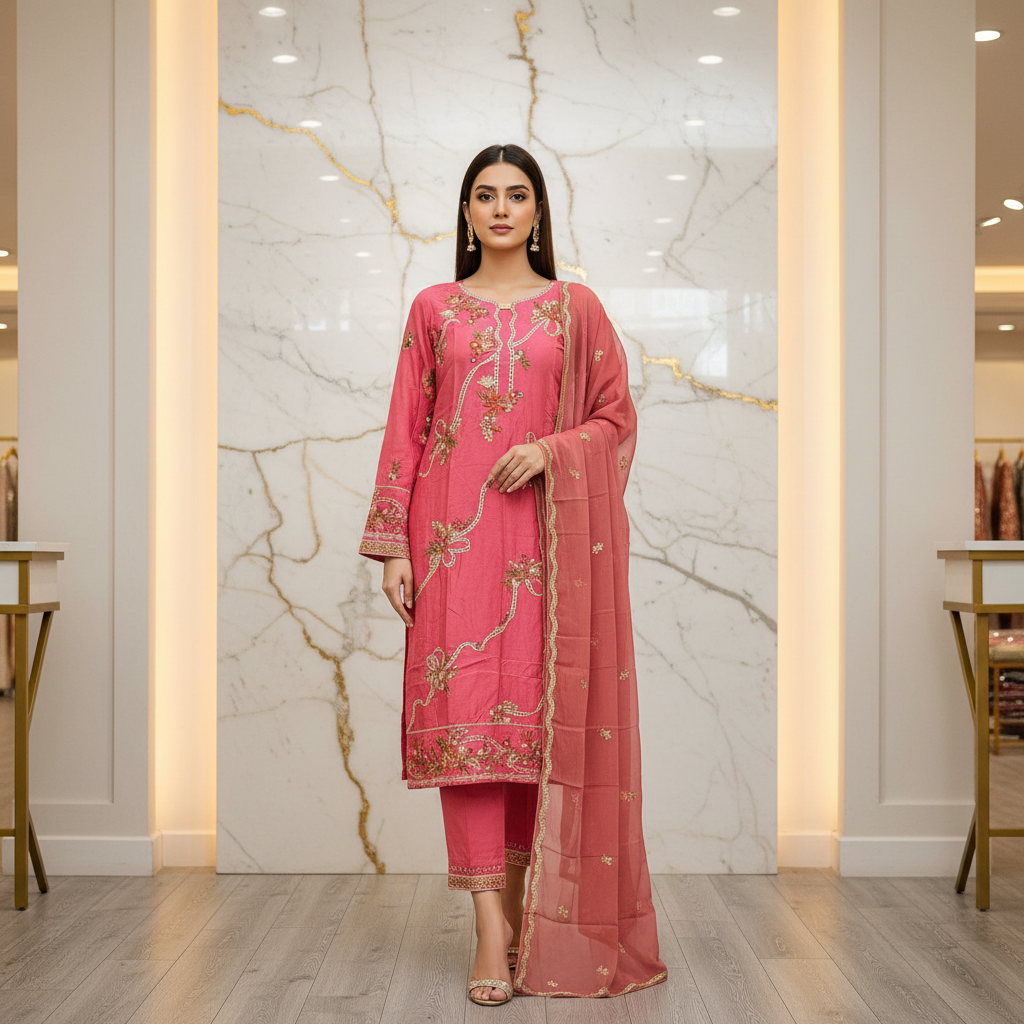 QMR The Linen Motif Edit: Embroidered Shalwar Kameez with Border Details – Pastel Beige, Rich Coral Pink, Pale Blue & Cocoa Bean