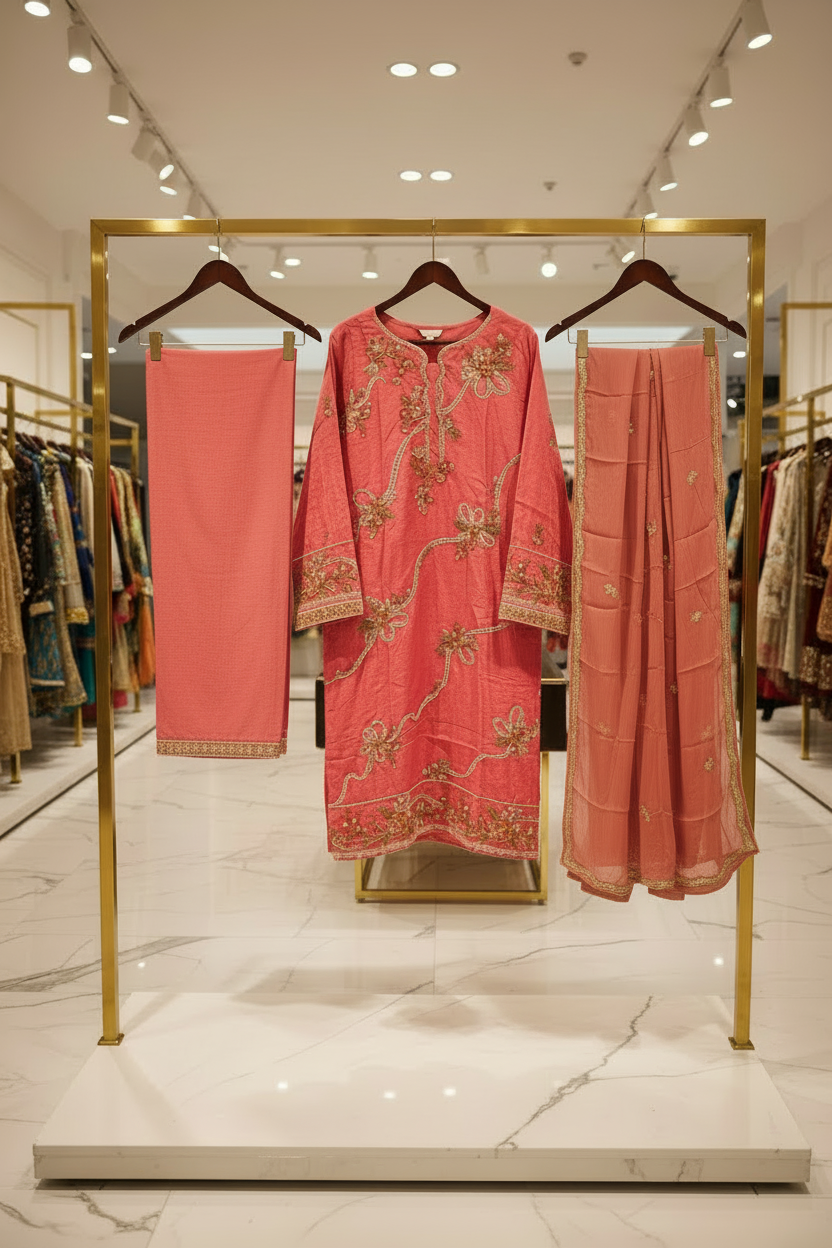 QMR The Linen Motif Edit: Embroidered Shalwar Kameez with Border Details – Pastel Beige, Rich Coral Pink, Pale Blue & Cocoa Bean