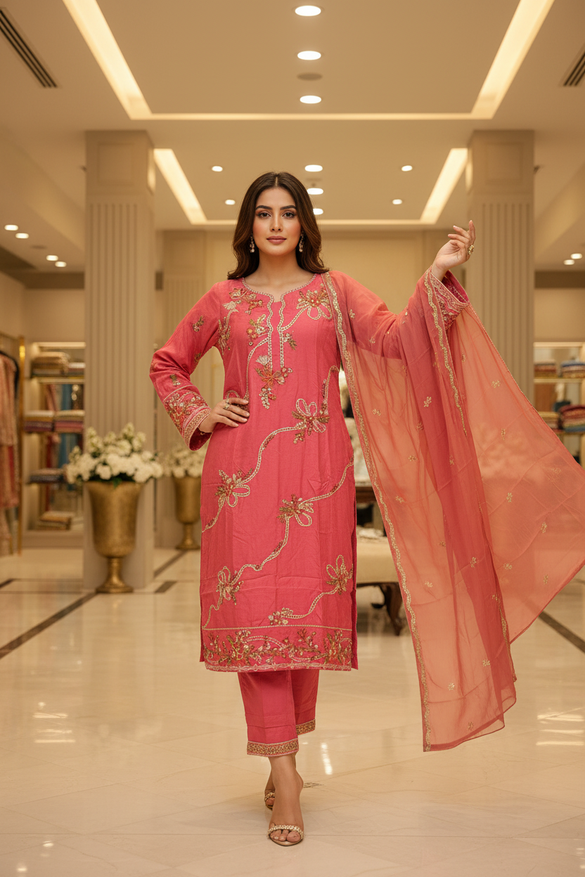 QMR The Linen Motif Edit: Embroidered Shalwar Kameez with Border Details – Pastel Beige, Rich Coral Pink, Pale Blue & Cocoa Bean