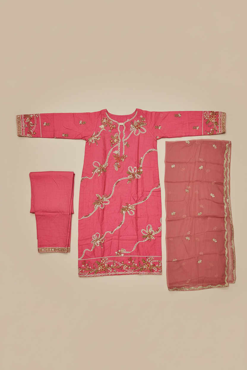 QMR The Linen Motif Edit: Embroidered Shalwar Kameez with Border Details – Pastel Beige, Rich Coral Pink, Pale Blue & Cocoa Bean