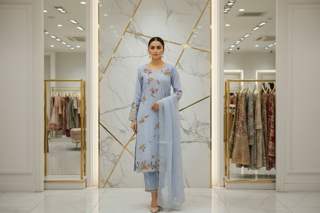 QMR The Linen Motif Edit: Embroidered Shalwar Kameez with Border Details – Pastel Beige, Rich Coral Pink, Pale Blue & Cocoa Bean
