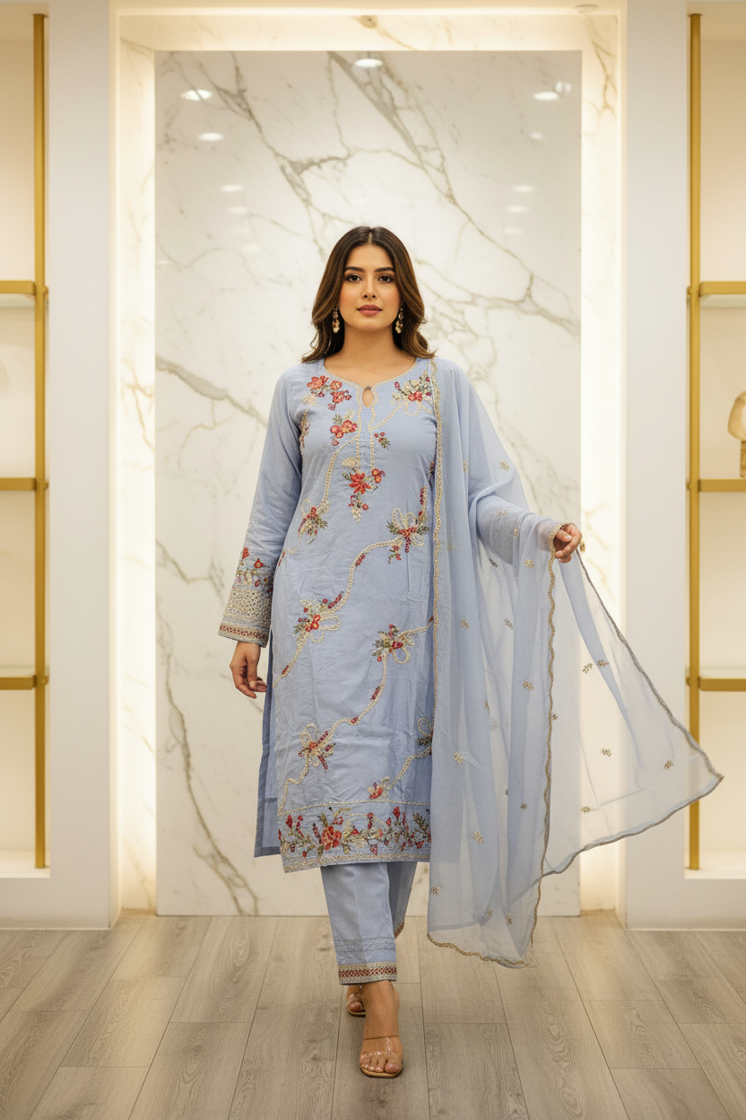 QMR The Linen Motif Edit: Embroidered Shalwar Kameez with Border Details – Pastel Beige, Rich Coral Pink, Pale Blue & Cocoa Bean