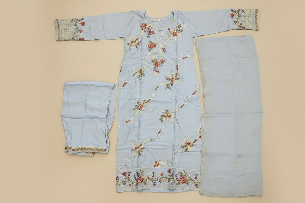 QMR The Linen Motif Edit: Embroidered Shalwar Kameez with Border Details – Pastel Beige, Rich Coral Pink, Pale Blue & Cocoa Bean