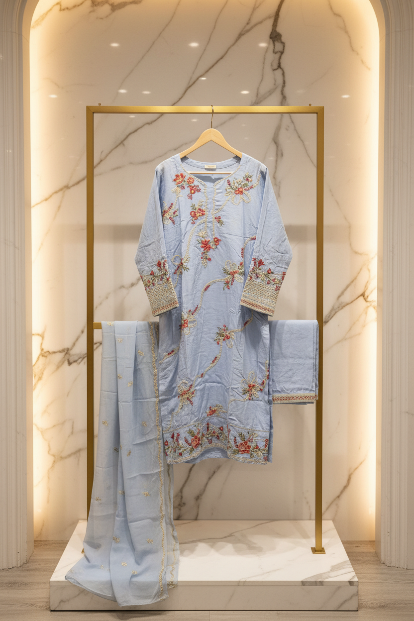 QMR The Linen Motif Edit: Embroidered Shalwar Kameez with Border Details – Pastel Beige, Rich Coral Pink, Pale Blue & Cocoa Bean