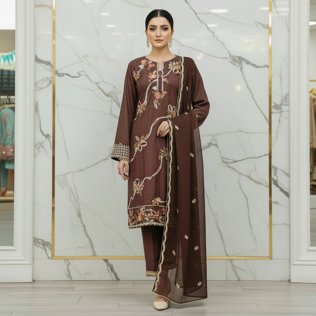 QMR The Linen Motif Edit: Embroidered Shalwar Kameez with Border Details – Pastel Beige, Rich Coral Pink, Pale Blue & Cocoa Bean