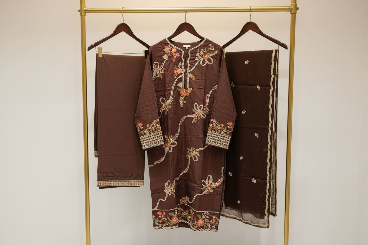 QMR The Linen Motif Edit: Embroidered Shalwar Kameez with Border Details – Pastel Beige, Rich Coral Pink, Pale Blue & Cocoa Bean