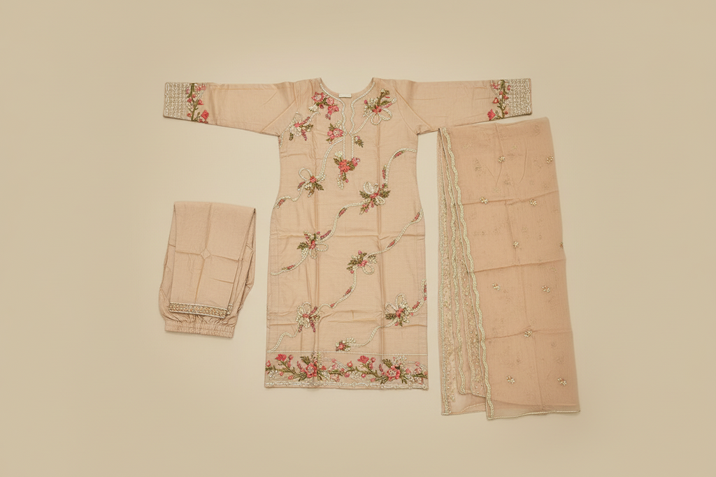 QMR The Linen Motif Edit: Embroidered Shalwar Kameez with Border Details – Pastel Beige, Rich Coral Pink, Pale Blue & Cocoa Bean