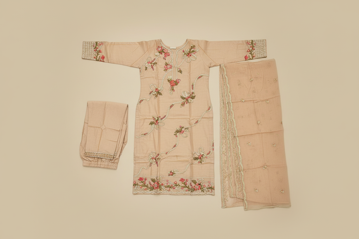 QMR The Linen Motif Edit: Embroidered Shalwar Kameez with Border Details – Pastel Beige, Rich Coral Pink, Pale Blue & Cocoa Bean