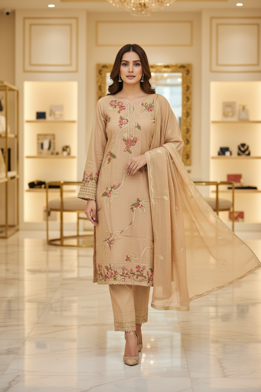 QMR The Linen Motif Edit: Embroidered Shalwar Kameez with Border Details – Pastel Beige, Rich Coral Pink, Pale Blue & Cocoa Bean