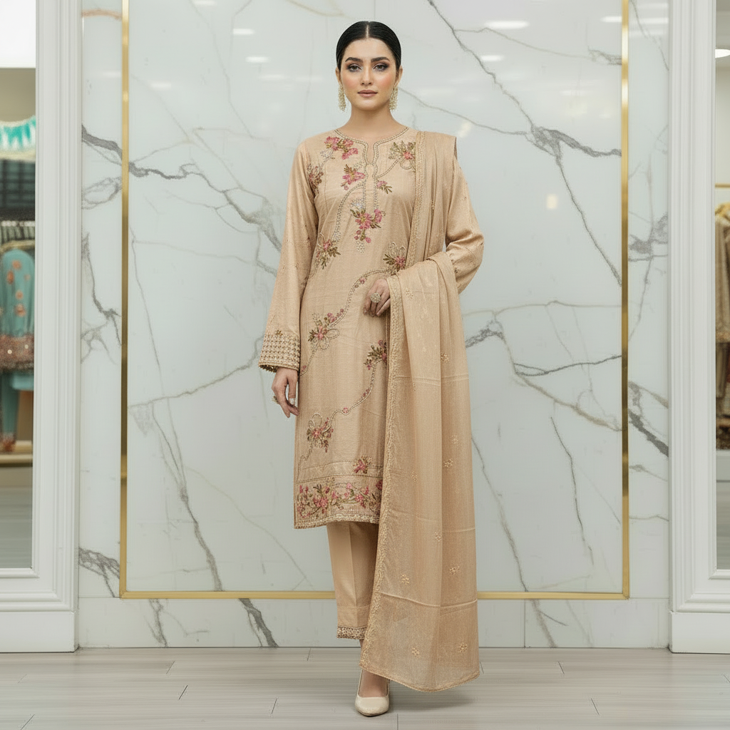 QMR The Linen Motif Edit: Embroidered Shalwar Kameez with Border Details – Pastel Beige, Rich Coral Pink, Pale Blue & Cocoa Bean