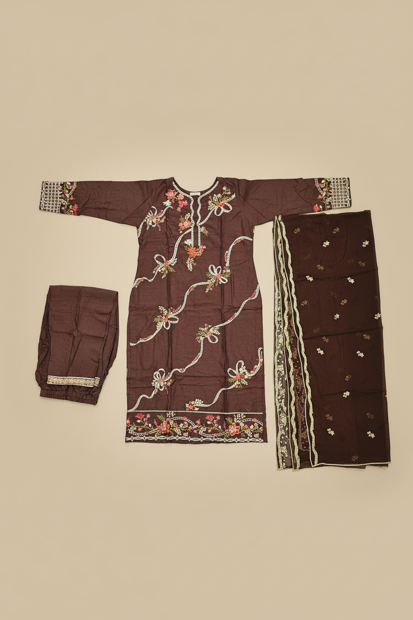QMR The Linen Motif Edit: Embroidered Shalwar Kameez with Border Details – Pastel Beige, Rich Coral Pink, Pale Blue & Cocoa Bean