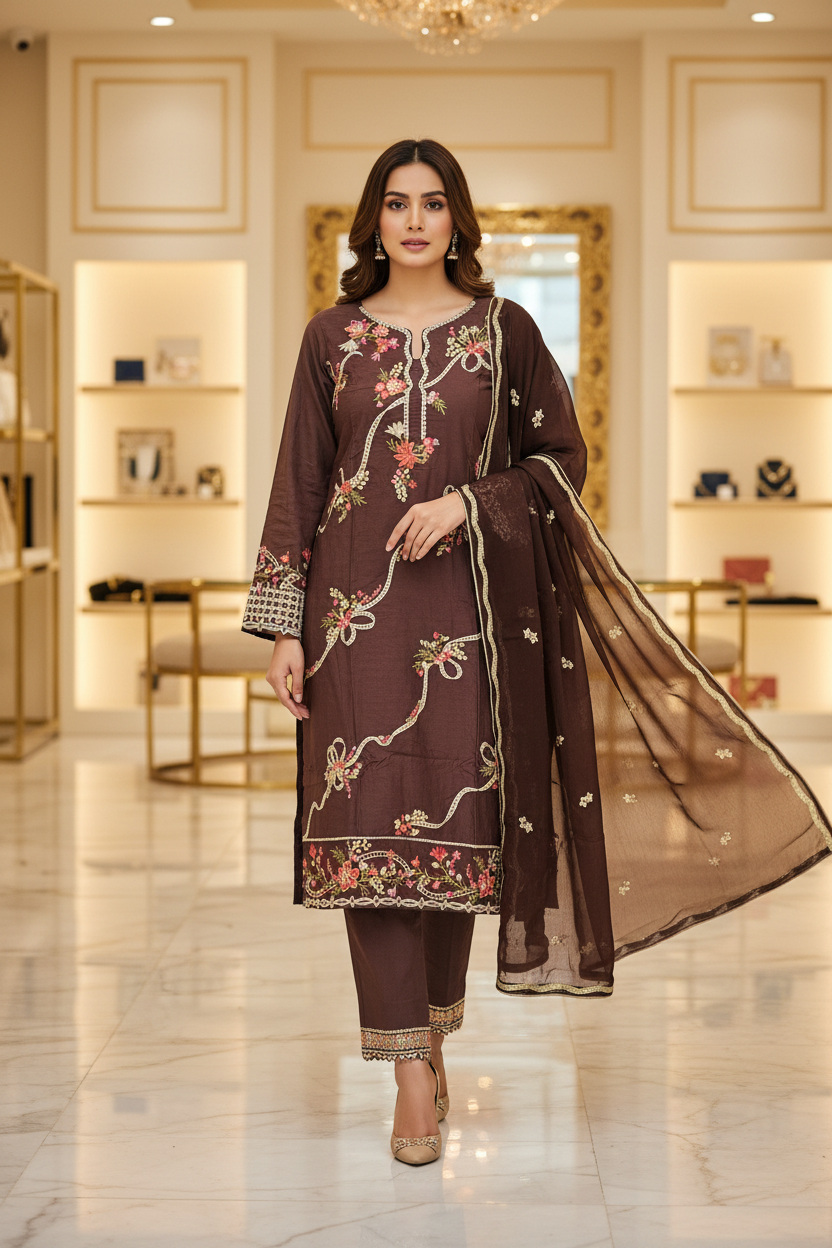 QMR The Linen Motif Edit: Embroidered Shalwar Kameez with Border Details – Pastel Beige, Rich Coral Pink, Pale Blue & Cocoa Bean