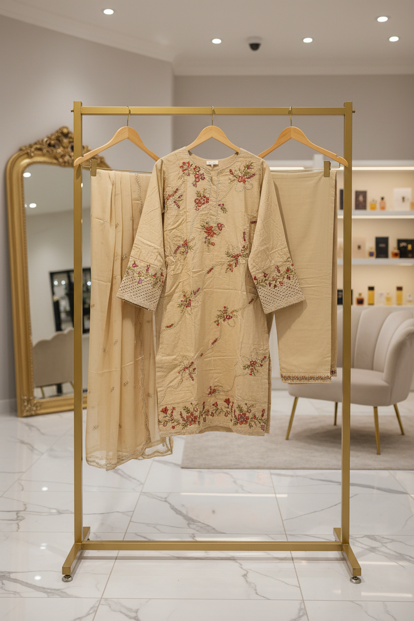 QMR The Linen Motif Edit: Embroidered Shalwar Kameez with Border Details – Pastel Beige, Rich Coral Pink, Pale Blue & Cocoa Bean
