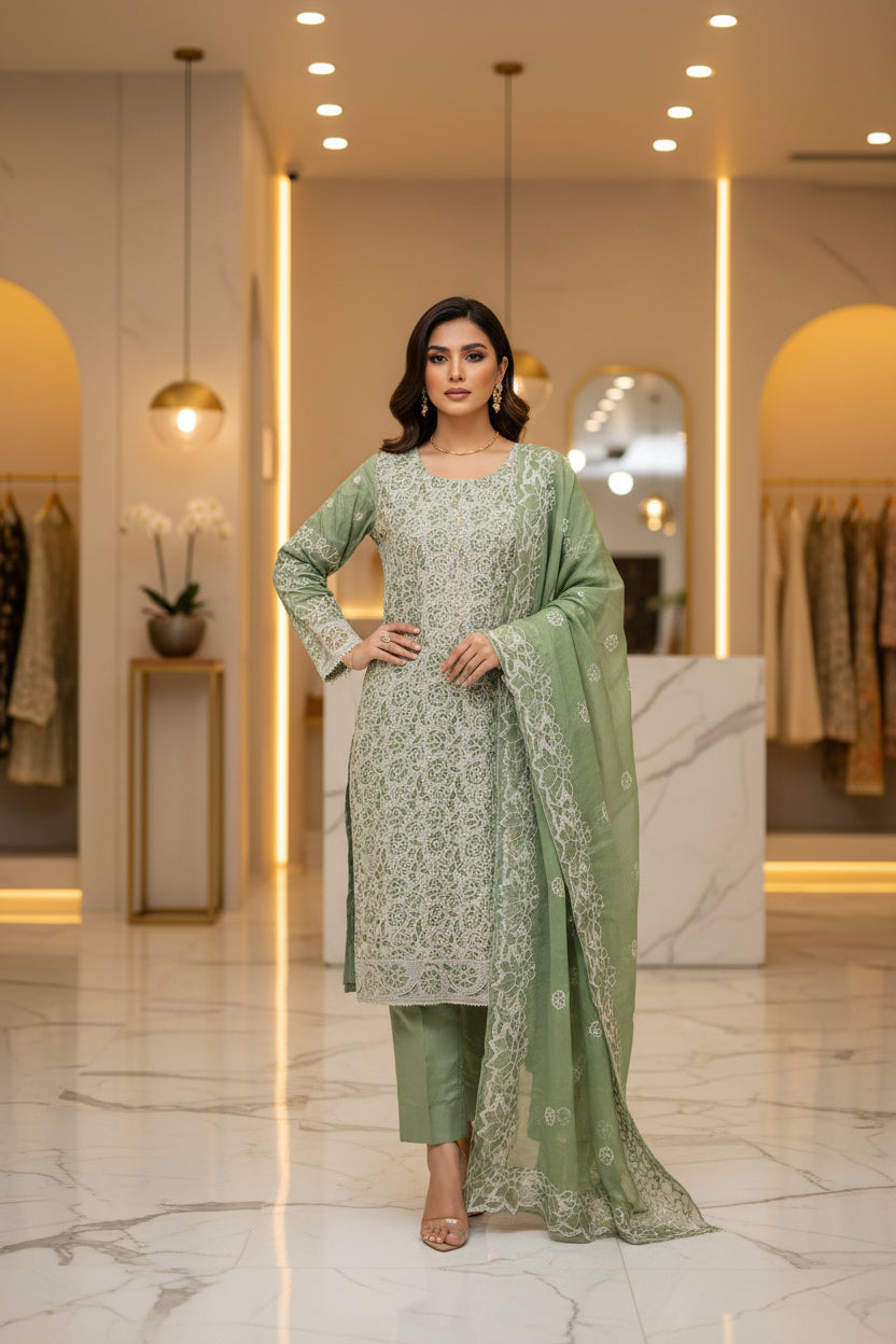 Shimmer Silk Pearl Work Ensemble: Embroidered Kameez, Chiffon Dupatta & Silk Trousers – Lavender, Dusty Mauve, Pastel Pink & Mint Green